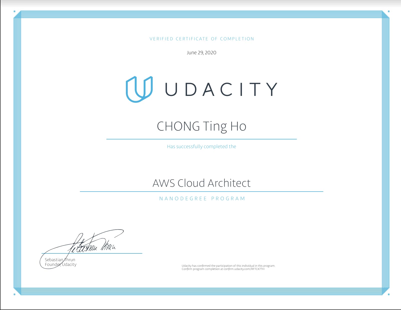 My AWS Cloud Architect Nanodegree Certificate 
