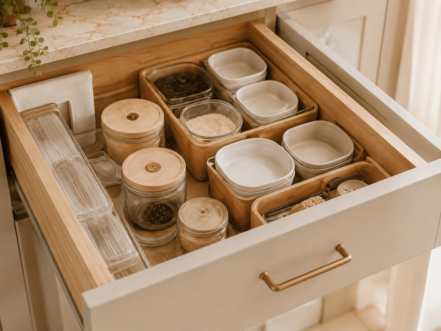 Tiroir de cuisine organisé avec contenants