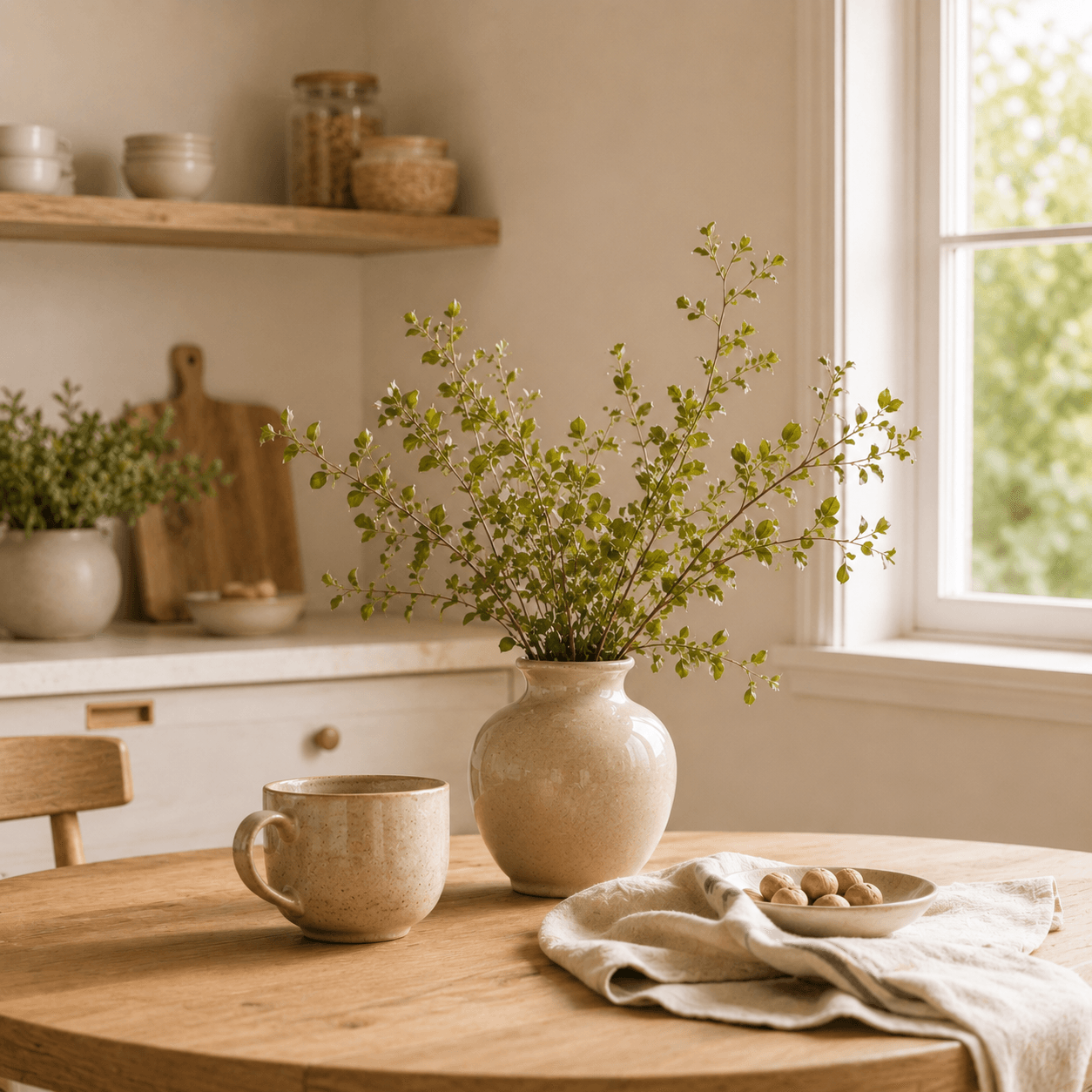 Coin cosy avec tasse et feuillage naturel