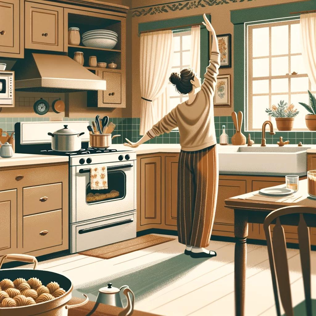 Maman multitâche s'étirant en cuisine pendant la préparation du dîner, ambiance domestique sereine en beige et kaki