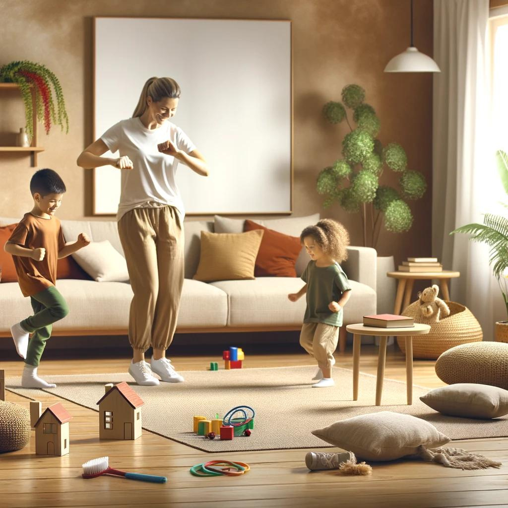 Maman joyeuse dansant avec ses enfants dans un salon confortable, décor zen en beige et kaki, exprimant le bonheur familial