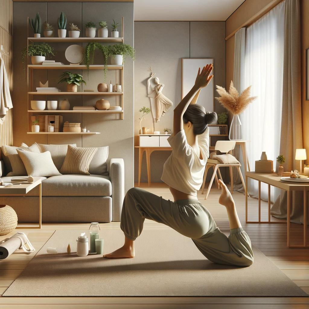 Maman détendue pratiquant le yoga ou le Pilates dans un coin paisible de la maison, ambiance zen avec tons beige et kaki.