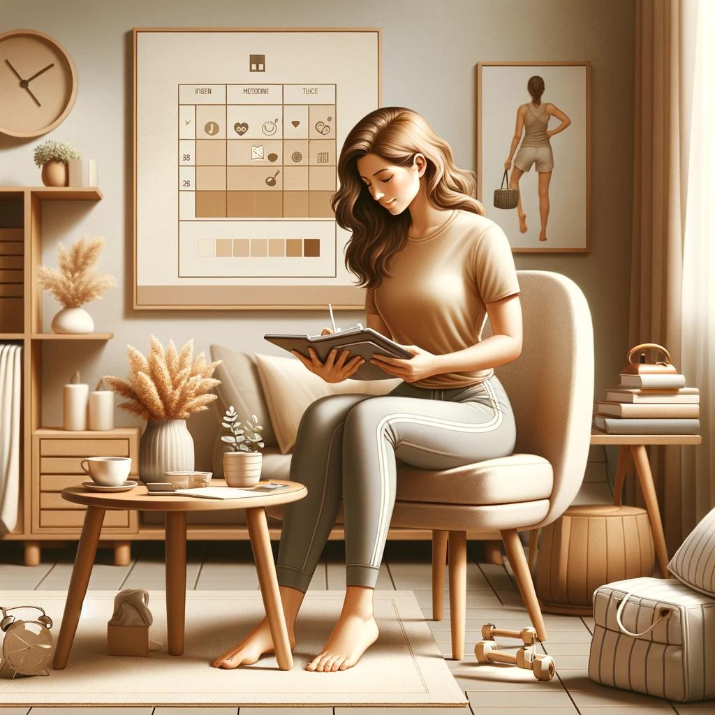 Maman organisée planifiant son exercice à domicile, ambiance zen et relaxante, tons beige et kaki, avec carnet de notes.