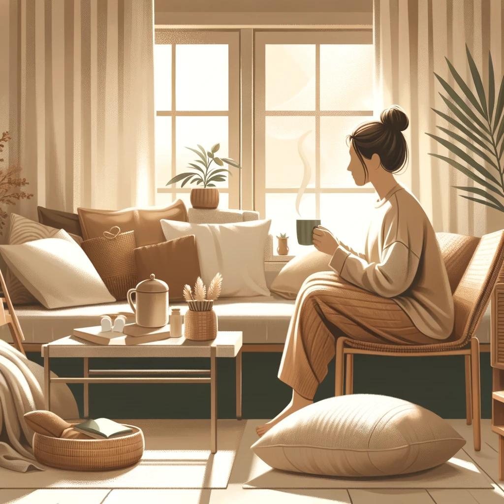 Maman pratiquant l'auto-compassion, détendue dans un coin cosy de sa maison, ambiance zen en beige et kaki avec tasse de thé.