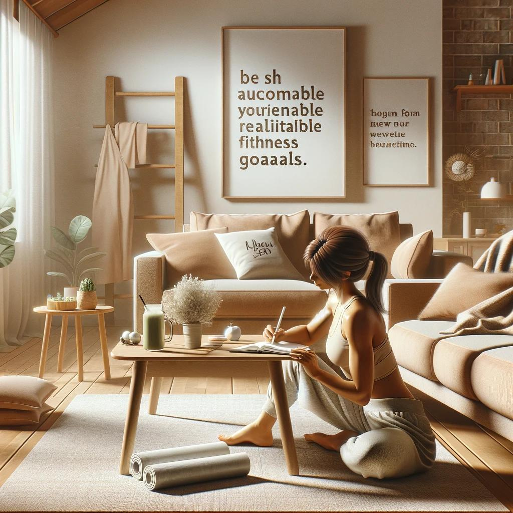 Maman définissant des objectifs de fitness réalisables à la maison, ambiance sereine en beige et kaki, avec planificateur .