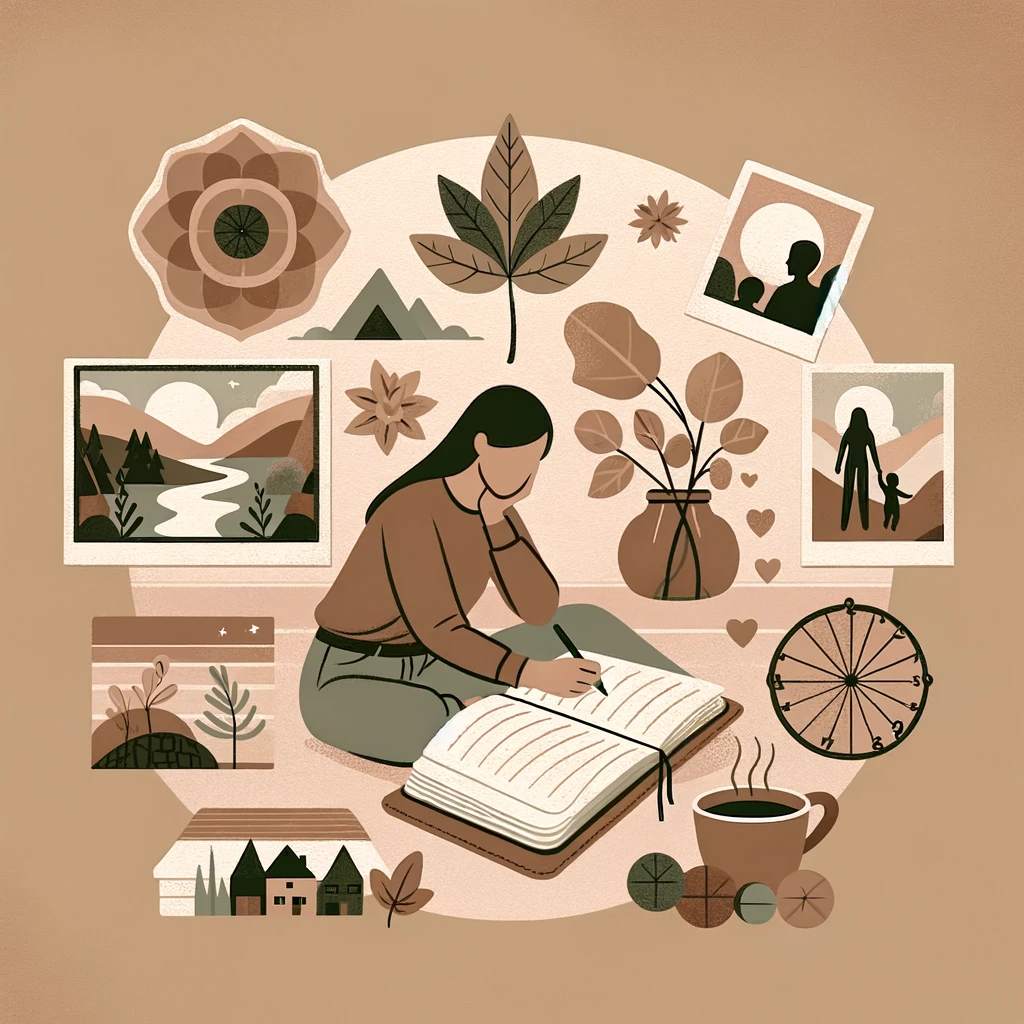 Maman détendue pratiquant le yoga ou le Pilates dans un coin paisible de la maison, ambiance zen avec tons beige et kaki.