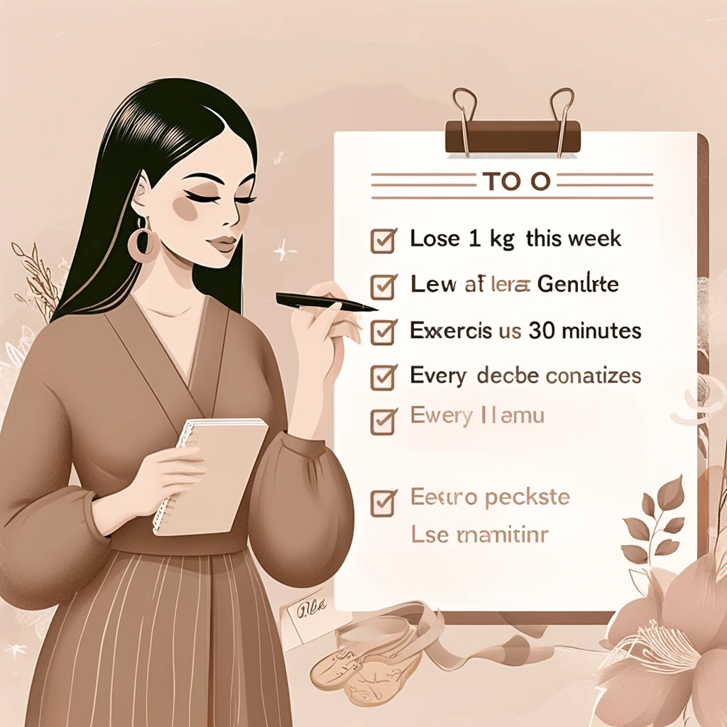 Maman organisée planifiant son exercice à domicile, ambiance zen et relaxante, tons beige et kaki, avec carnet de notes.