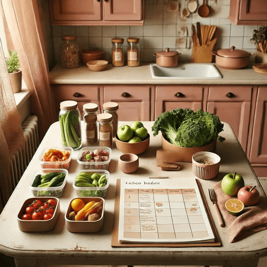 Maman multitâche s'étirant en cuisine pendant la préparation du dîner, ambiance domestique sereine en beige et kaki
