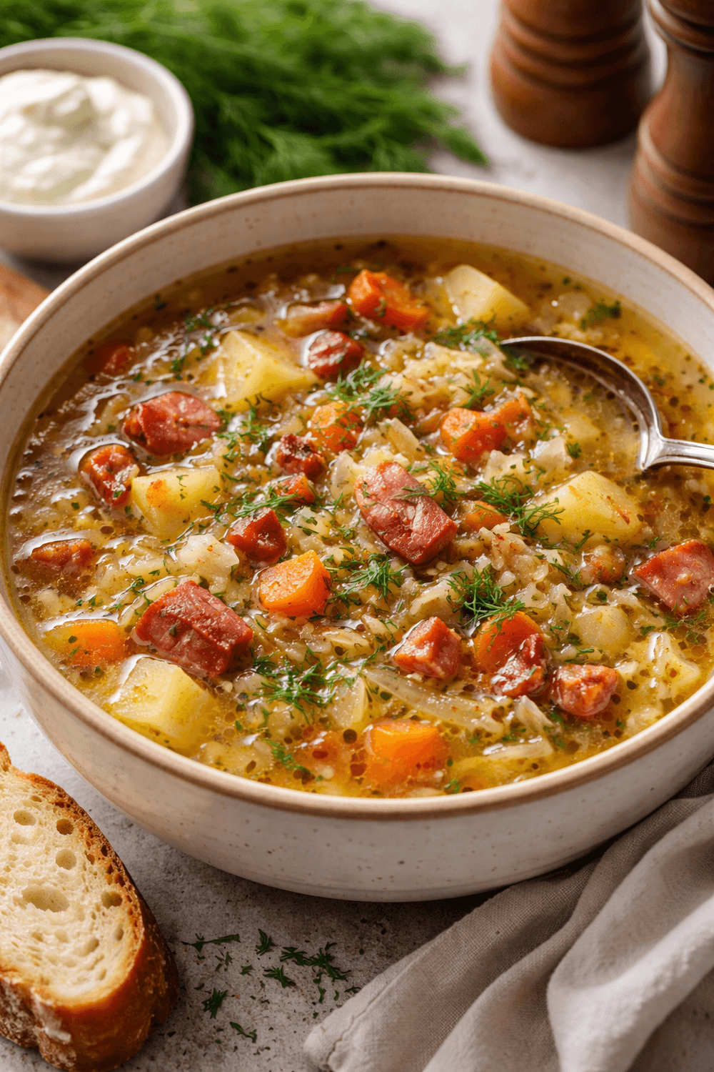 Šviežių kopūstų sriuba su šonine ir rūkytu kumpiu