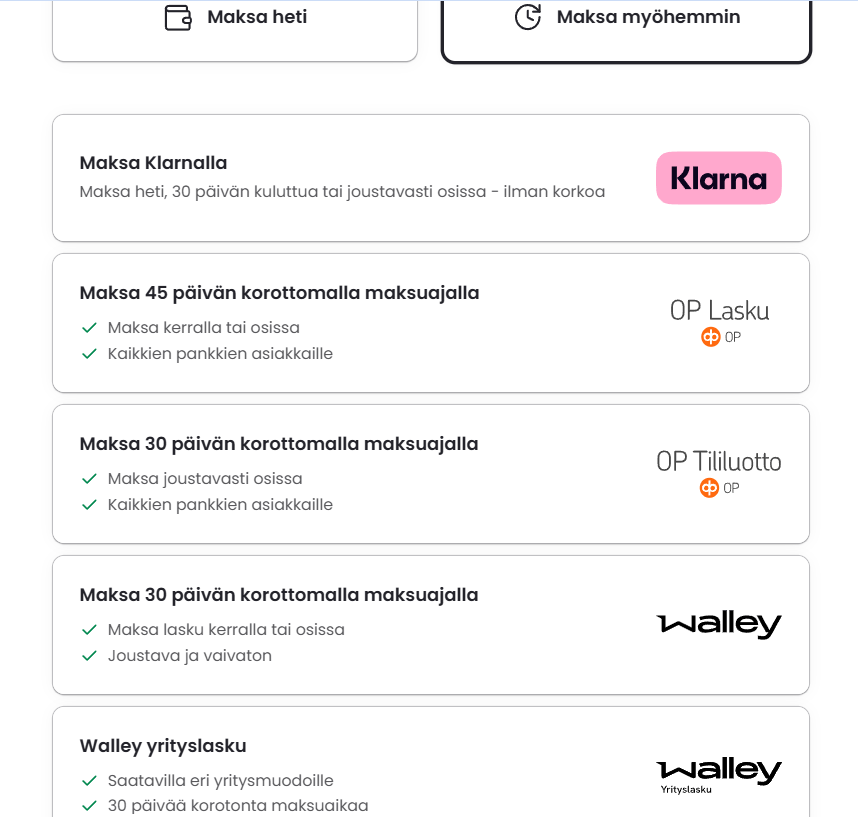 Maksutavat — Klarna ja muut