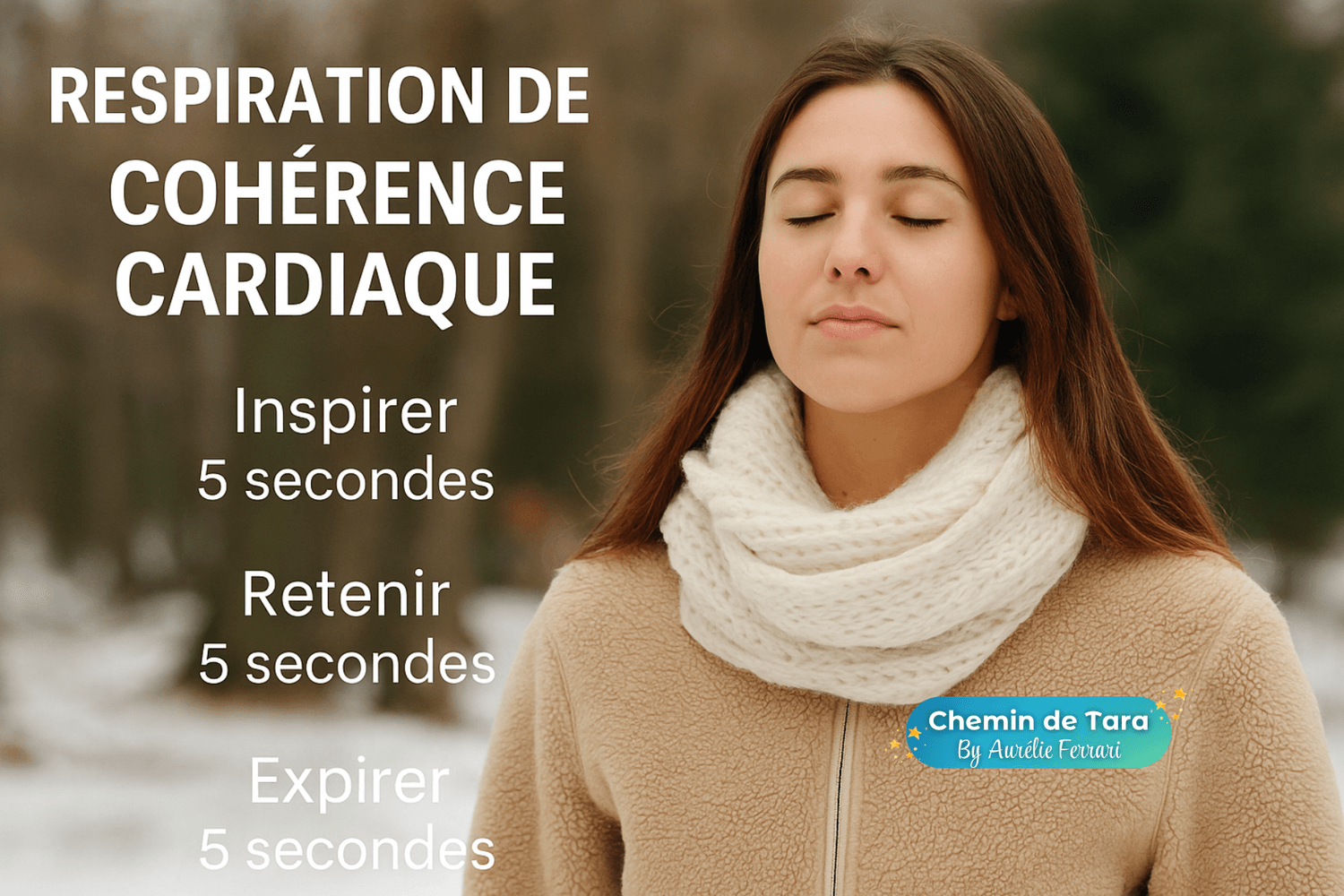 Photographie d’une femme pratiquant la respiration en cohérence cardiaque en pleine nature au lever du soleil. Elle est assise calmement, la main sur le cœur, respirant profondément selon le rythme 5 secondes inspiration, 5 secondes expiration, pendant 5 minutes. Image apaisante illustrant la sérénité, l’équilibre émotionnel et le bien-être naturel, Chemin de Tara – Aurélie Ferrari, à Hérouville-Saint-Clair près de Caen.