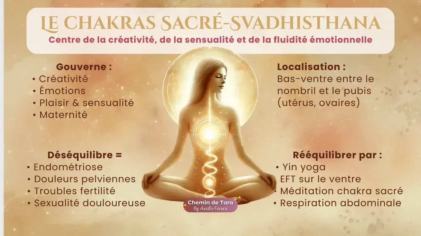 Infographie expliquant le lien entre le déséquilibre du chakra sacré et l'endométriose