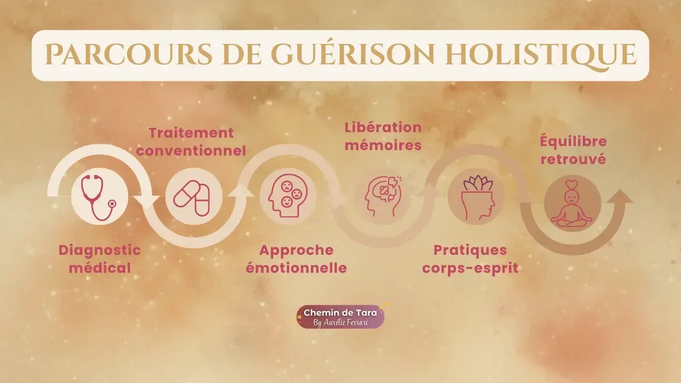 Infographie du parcours de guérison holistique proposé par Aurélie Ferrari : du diagnostic médical au traitement conventionnel, suivi d’une approche émotionnelle, de la libération des mémoires, des pratiques corps-esprit, jusqu’à l’équilibre retrouvé.