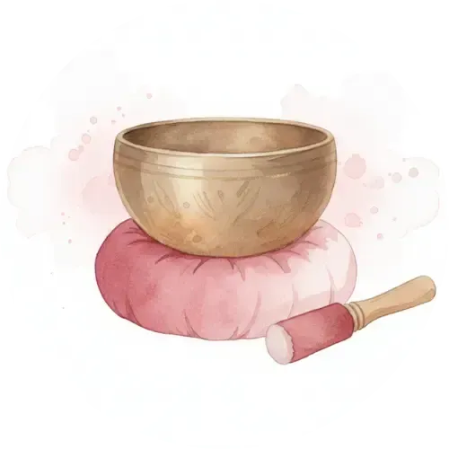 Visuel d'un bol tibetain avec son maillet posé sur un coussin représentant les soins vibratoire