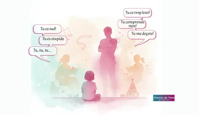 Illustration aquarelle représentant le critique intérieur et les voix négatives de l'autocritique : silhouettes d'un enfant assis entouré de figures adultes avec des bulles de pensée contenant des jugements négatifs (tu es nul, tu es stupide, tu me déçois) dans des tons rose magenta et turquoise, symbolisant l'origine du jugement de soi dans l'enfance