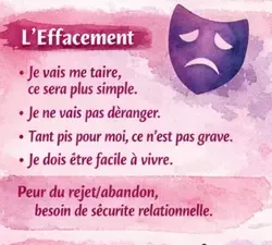 Infographie du masque L'Effacement, mécanisme de défense du critique intérieur : masque de théâtre triste en violet sur fond aquarelle rose avec citations typiques (Je vais me taire ce sera plus simple, Je ne vais pas déranger, Tant pis pour moi ce n'est pas grave, Je dois être facile à vivre) et peurs sous-jacentes (Peur du rejet/abandon, besoin de sécurité relationnelle) Accompagnement du critique intérieur à et : EFT clinique, EMDR, hypnose.