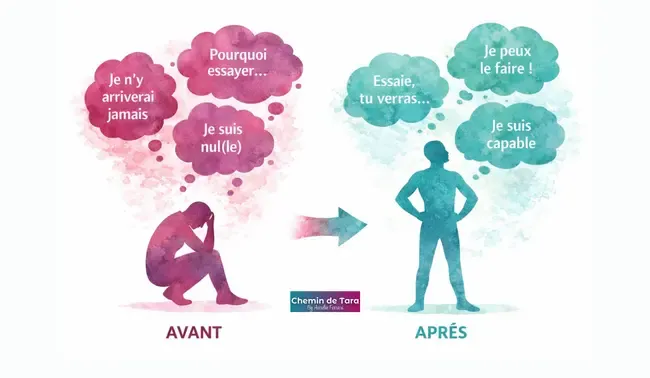 Infographie de transformation thérapeutique en format horizontal montrant le processus de libération émotionnelle. Section AVANT à gauche (rose magenta #ab0b66) : silhouette humaine recroquevillée, tête baissée, posture défaitiste avec bulles de pensée autocritiques : "Je n'y arriverai jamais", "Pourquoi essayer...", "Je suis nul(le)". Flèche centrale de transformation avec logo Chemin de Tara indiquant le processus thérapeutique. Section APRÈS à droite (turquoise #168a99) : silhouette debout, posture confiante, mains sur les hanches avec bulles de pensée bienveillantes : "Je peux le faire!", "Essaie, tu verras...", "Je suis capable". Illustration aquarelle du passage de l'autocritique destructrice et du jugement de soi paralysant vers l'auto-compassion, la confiance en soi et l'action. Représentation visuelle des résultats de la thérapie EFT Clinique, EMDR et hypnose ericksonienne pour transformer le dialogue intérieur et retrouver l'estime de soi. Outil pédagogique en psychologie énergétique montrant le changement de posture corporelle, de langage interne et d'état émotionnel suite à un accompagnement thérapeutique.