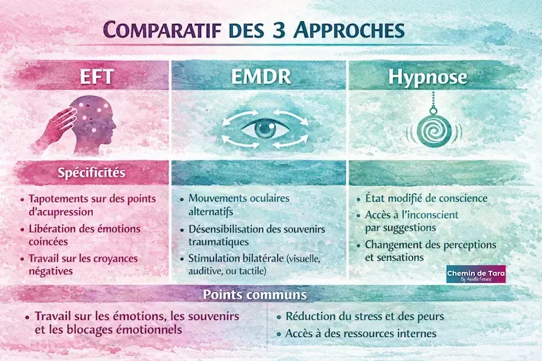 Infographie comparative des 3 approches thérapeutiques EFT EMDR et Hypnose : colonne rose EFT avec tapotements sur points d'acupression et libération des émotions, colonne turquoise EMDR avec mouvements oculaires et désensibilisation des souvenirs traumatiques, colonne verte Hypnose avec état modifié de conscience et accès à l'inconscient. Points communs en bas : travail sur émotions et blocages, réduction du stress, accès aux ressources internes. Accompagnement du critique intérieur à et : EFT clinique, EMDR, hypnose. Caen Hérouville Saint Clair