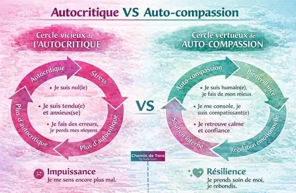 Infographie pédagogique horizontale "Autocritique VS Auto-compassion" comparant deux cycles opposés. Section gauche rose magenta (#ab0b66) : Cercle vicieux de l'AUTOCRITIQUE avec flèches circulaires montrant la spirale Autocritique → Stress → Plus d'autocritique → Plus d'autocritique. Citations illustratives : "Je suis nul(le)", "Je suis tendu(e) et anxieux(se)", "Je fais des erreurs, je perds mes moyens". Résultat en bas : Impuissance avec icône visage triste, "Je me sens encore plus mal". Section droite turquoise (#168a99) : Cercle vertueux de l'AUTO-COMPASSION avec flèches circulaires positives montrant Auto-compassion → Bienveillance → Soutien interne → Régulation émotionnelle. Citations bienveillantes : "Je suis humain(e), je fais de mon mieux", "Je me console, je suis compatissant(e)", "Je retrouve calme et confiance". Résultat en bas : Résilience avec icône cœur, "Je prends soin de moi, je rebondis". Visuel central "VS" avec logo Chemin de Tara séparant les deux approches. Démonstration visuelle du contraste entre dialogue intérieur destructeur et constructif, entre spirale d'auto-sabotage et cycle de guérison. Outil pédagogique en psychologie énergétique et thérapie EFT illustrant les concepts d'auto-compassion de Kristin Neff versus autocritique chronique dans le traitement du critique intérieur. Accompagnement du critique intérieur à et : EFT clinique, EMDR, hypnose. Hérouville Saint Clair - Caen