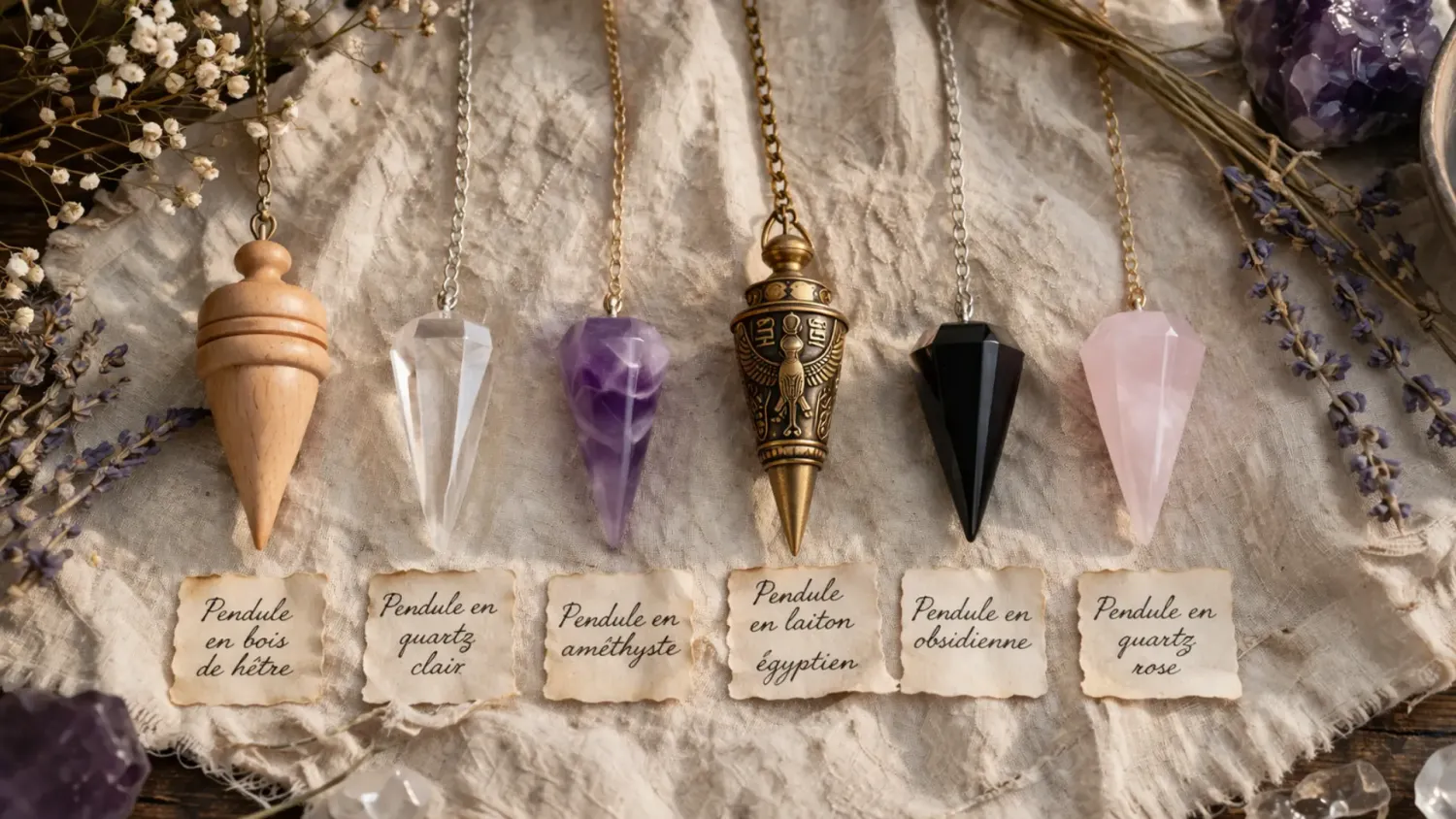 Collection de pendules de radiesthésie en bois, métal et pierre sur fond naturel — comment choisir son pendule