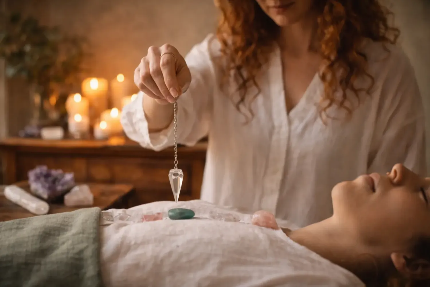Praticienne utilisant un pendule lors d'un soin énergétique sur les chakras — radiesthésie de guérison