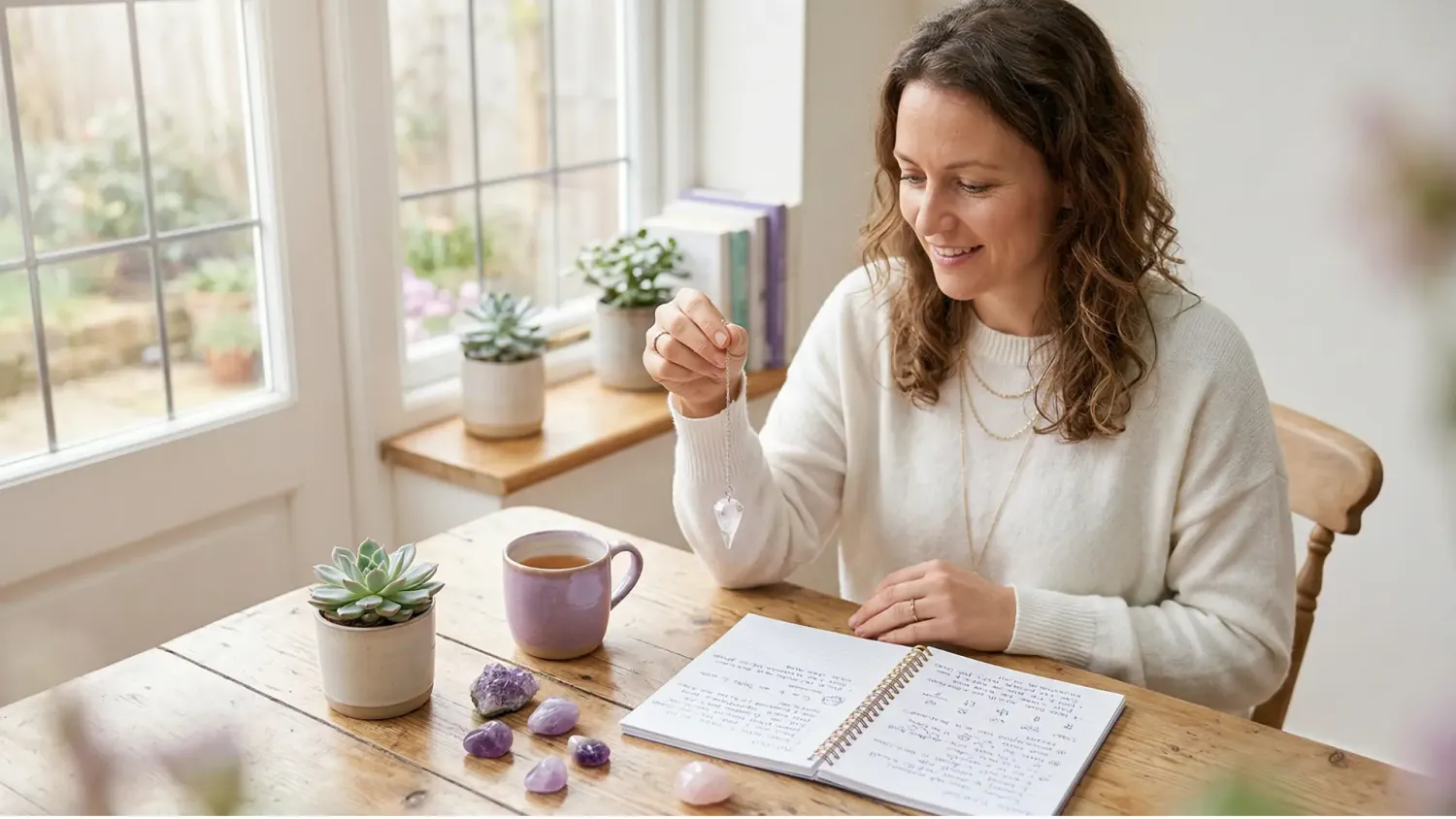 Femme débutante tenant un pendule pour la première fois, apprenant la radiesthésie — initiation au pendule accessible à tous