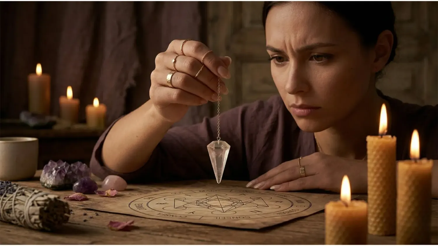 Femme tenant un pendule immobile — les débuts difficiles de la radiesthésie et de l'apprentissage du pendule