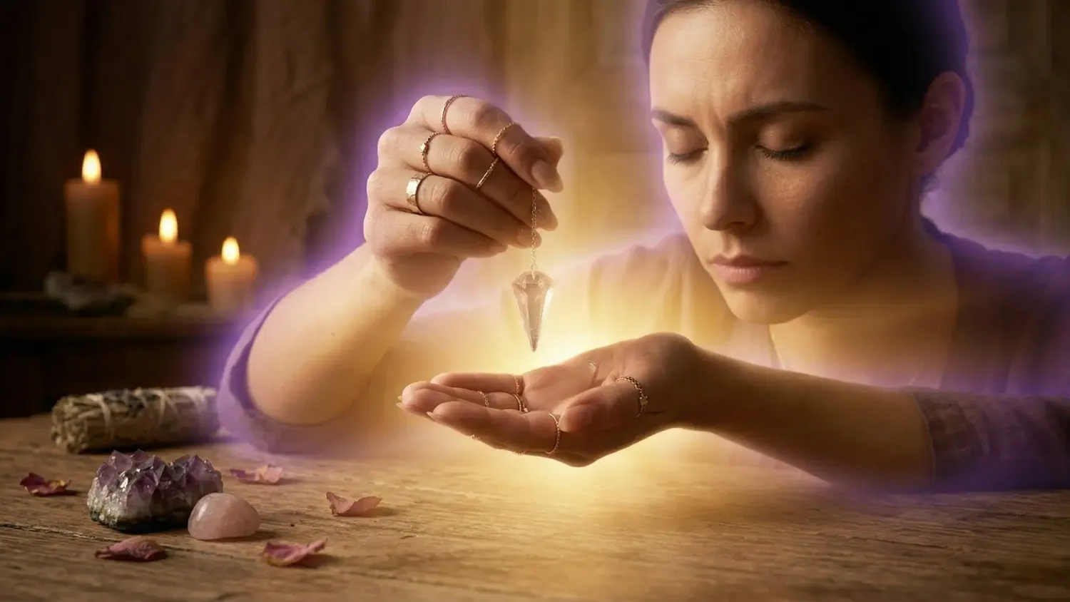 Femme en état de lâcher-prise tenant un pendule — le lien entre confiance en soi et réponses du pendule en radiesthésie