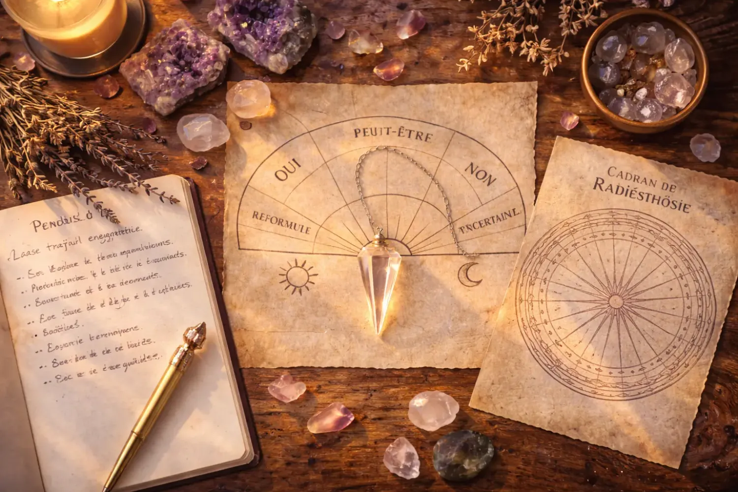 Cadrans de radiesthésie, pendule et cristaux — explorer sa mission de vie et ses dons avec le pendule
