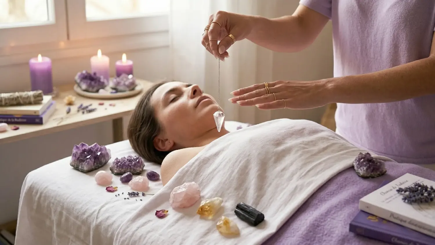 Praticienne utilisant un pendule en cristal lors d'un soin énergétique — harmonisation des chakras et soin à distance au pendule
