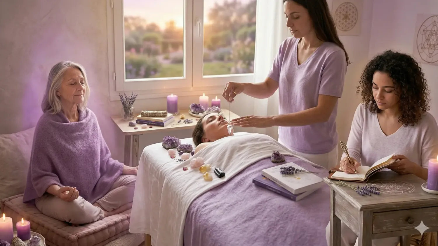 Trois femmes en cheminement spirituel — l'initiation au pendule s'adresse aux débutantes comme aux praticiennes en énergétique