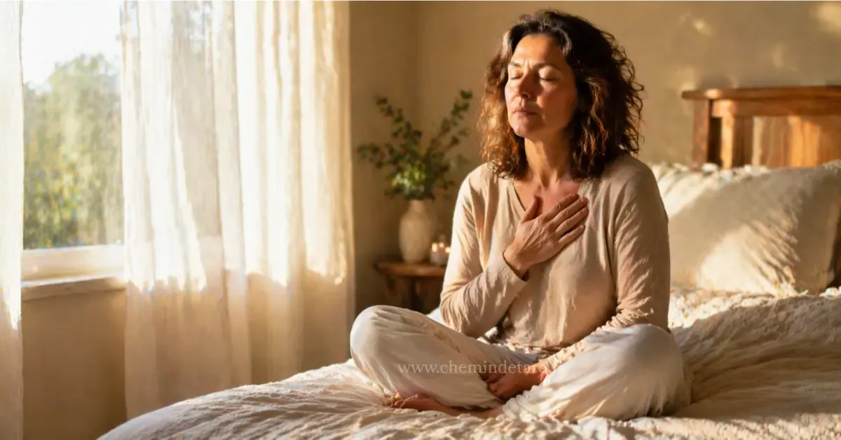 Femme se parlant avec bienveillance, recadrage mental et confiance en soi