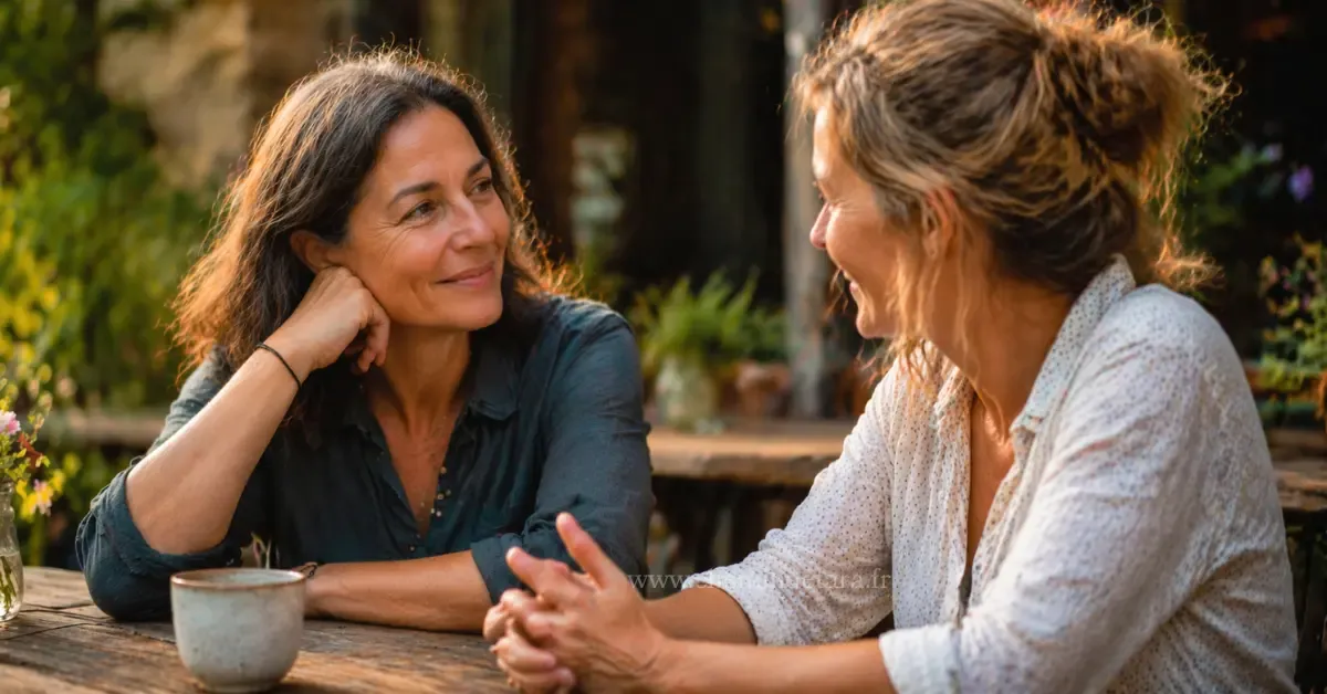 Deux femmes partageant un moment authentique et nourrissant, connexion vraie et bienveillante