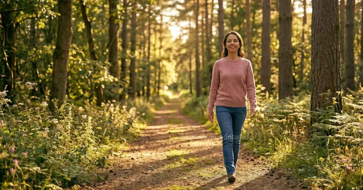 Femme libérée et apaisée marchant vers l'avenir avec légèreté et confiance