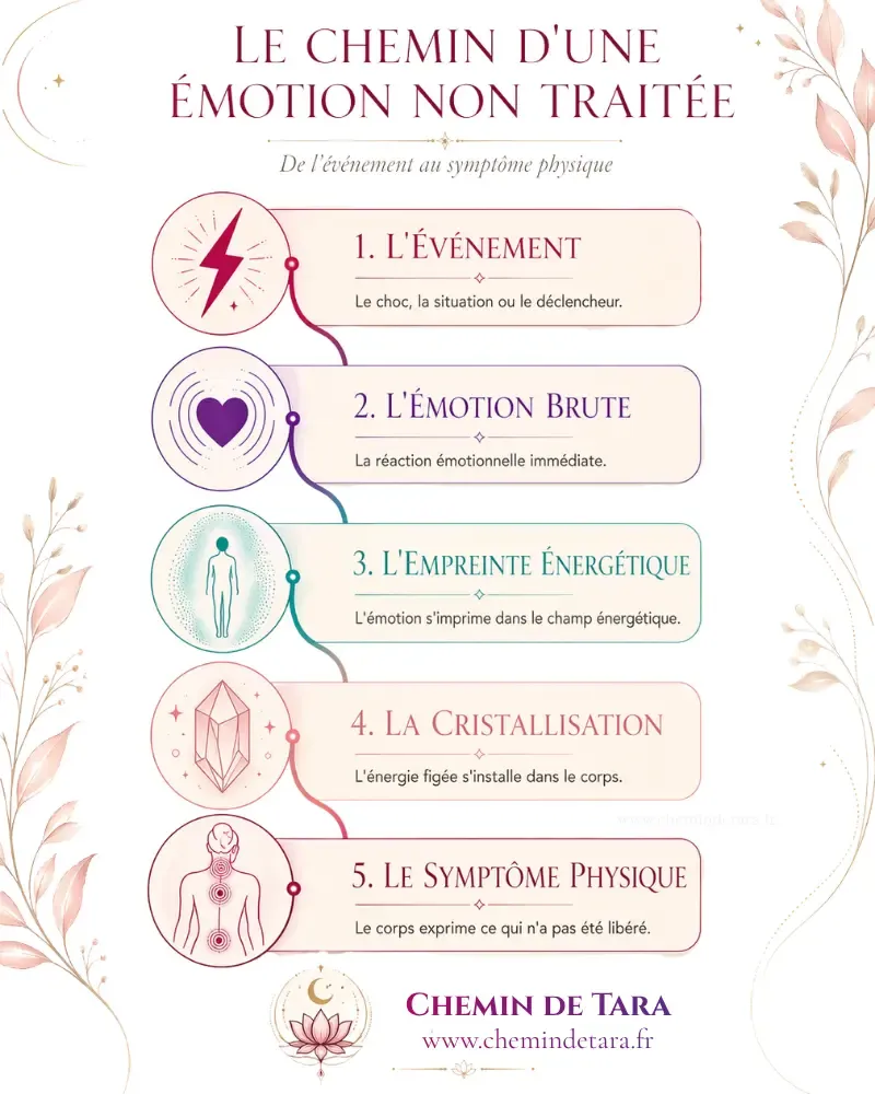 Infographie explicative : le chemin de l'émotion non traitée depuis l'événement vécu jusqu'au symptôme physique — Chemin de Tara, soins énergétiques et thérapie EFT Caen Normandie