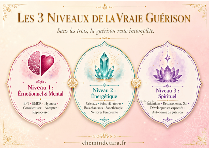Infographie des 3 niveaux de la vraie guérison selon Aurélie Ferrari : niveau émotionnel et mental (EFT, EMDR, hypnose), niveau énergétique (cristaux, soins vibratoires, sonothérapie), niveau spirituel (initiations énergétiques, reconnexion à soi) — Chemin de Tara, psychopraticienne à Hérouville-Saint-Clair