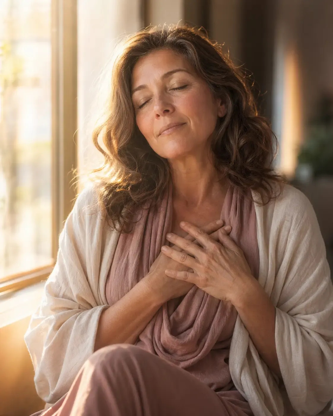 A woman in her late 40s, eyes gently closed, both hands placed softly over her heart,  seated near a window with warm golden afternoon light. Soft, intimate, introspective mood.  She looks peaceful but carries depth. Flowing linen clothing in cream and dusty rose tones.  Blurred background with soft bokeh. Photographic style, natural light, 35mm lens,  shallow depth of field. Color palette: warm gold, soft purple, cream.  No text, no props, no crystals. Vertical format 4:5.