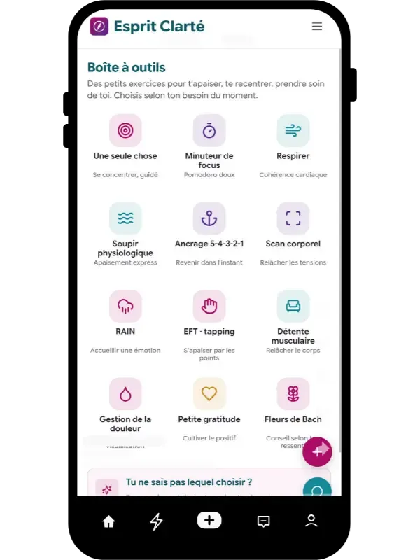 Écran Outils bien-être d'Esprit Clarté : respiration, scan corporel, ancrage
