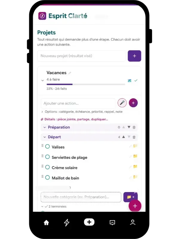 Écran Suggestions IA d'Esprit Clarté : les pensées transformées en actions, projets et listes