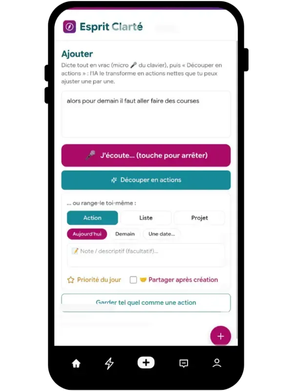 Écran Capturer d'Esprit Clarté : dictée en cours, l'application découpe en actions