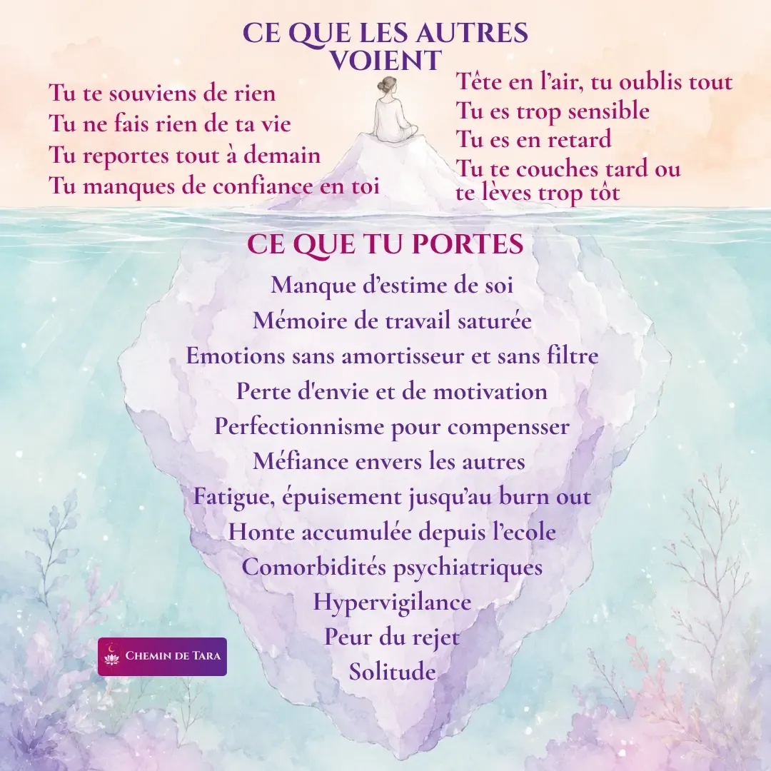 Iceberg du TDAH chez la femme : au-dessus de l'eau ce qui dérange les autres (retards, oublis, sensibilité), sous l'eau ce que tu portes vraiment (mémoire de travail saturée, émotions sans amortisseur, perfectionnisme, épuisement, honte accumulée, peur du rejet)