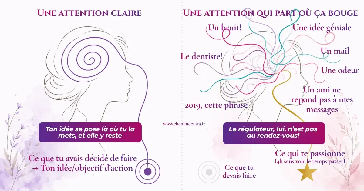 Le TDAH n'est pas un manque d'attention : à gauche une attention claire qui se pose sur ce qui a été décidé, à droite une attention qui part vers un bruit, un mail, une odeur, et un hyperfocus vers ce qui passionne