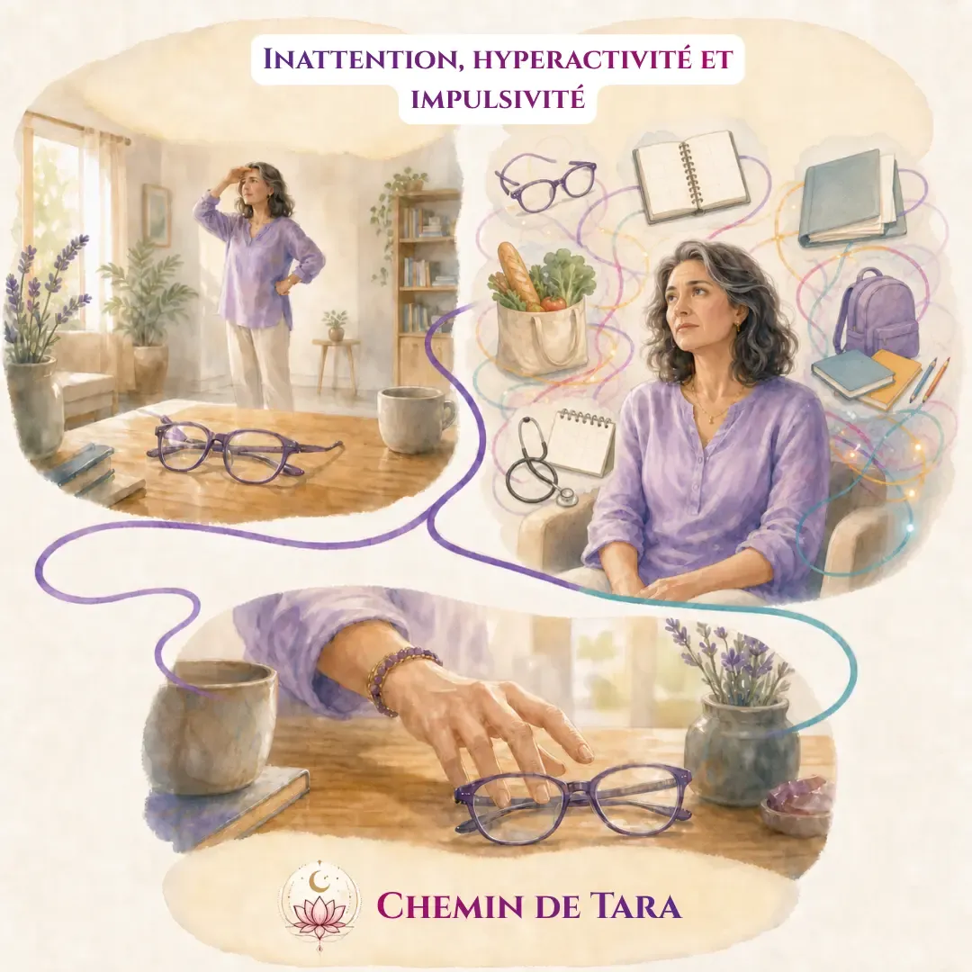 Femme adulte représentée dans trois scènes illustrant l'inattention, l'agitation mentale et l'impulsivité.