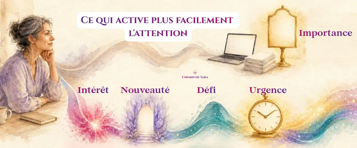 Femme face à des symboles représentant l'intérêt, la nouveauté, le défi, l'urgence et l'importance d'une tâche.