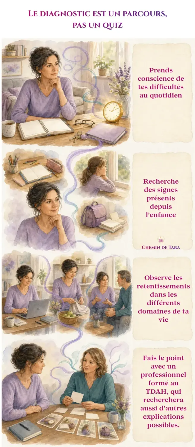 Parcours en quatre scènes montrant une femme observant ses difficultés, son enfance, leurs retentissements et échangeant avec une professionnelle.
