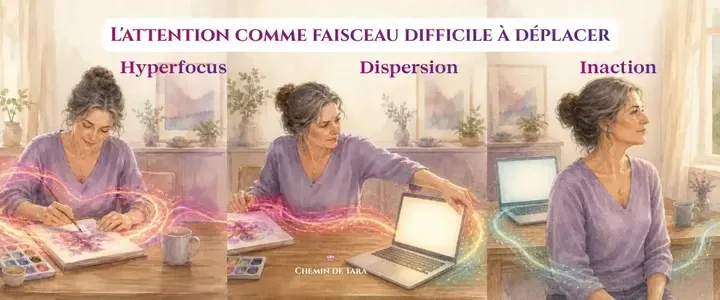 Trois scènes d'une femme en hyperfocus, dispersée entre deux tâches puis inactive, reliées par un faisceau lumineux coloré.