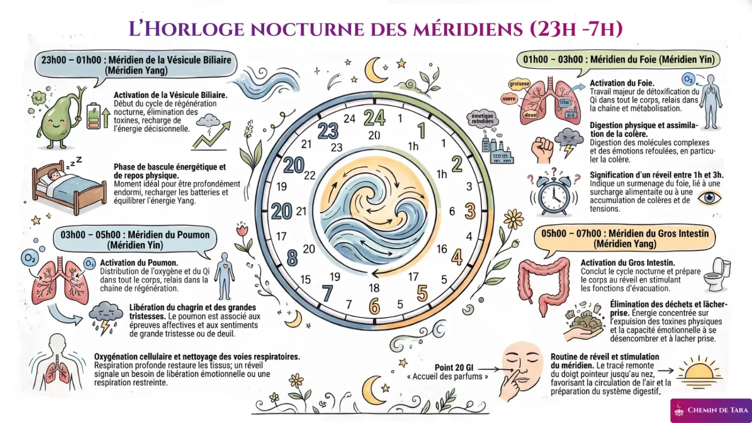 Horloge des méridiens de la médecine traditionnelle chinoise, de 23 h à 7 h, avec les organes et les émotions associées