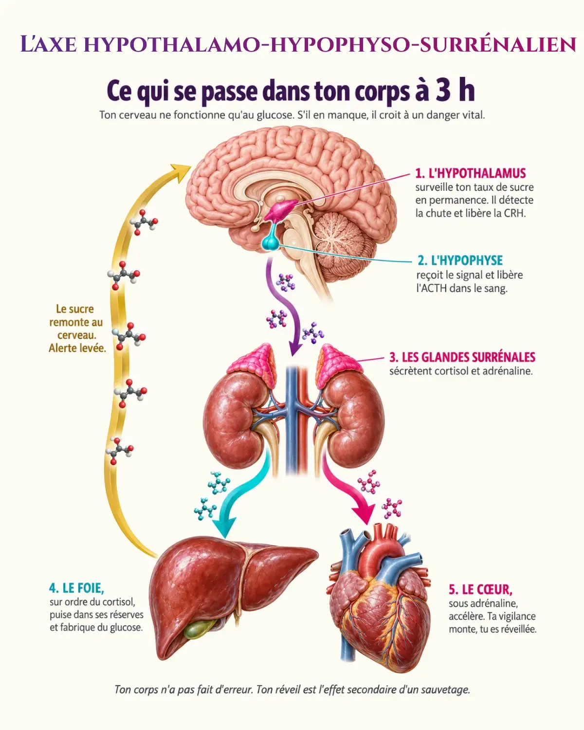 Cascade hormonale du réveil nocturne, de l'hypothalamus à l'hypophyse puis aux glandes surrénales, jusqu'au foie et au cœur