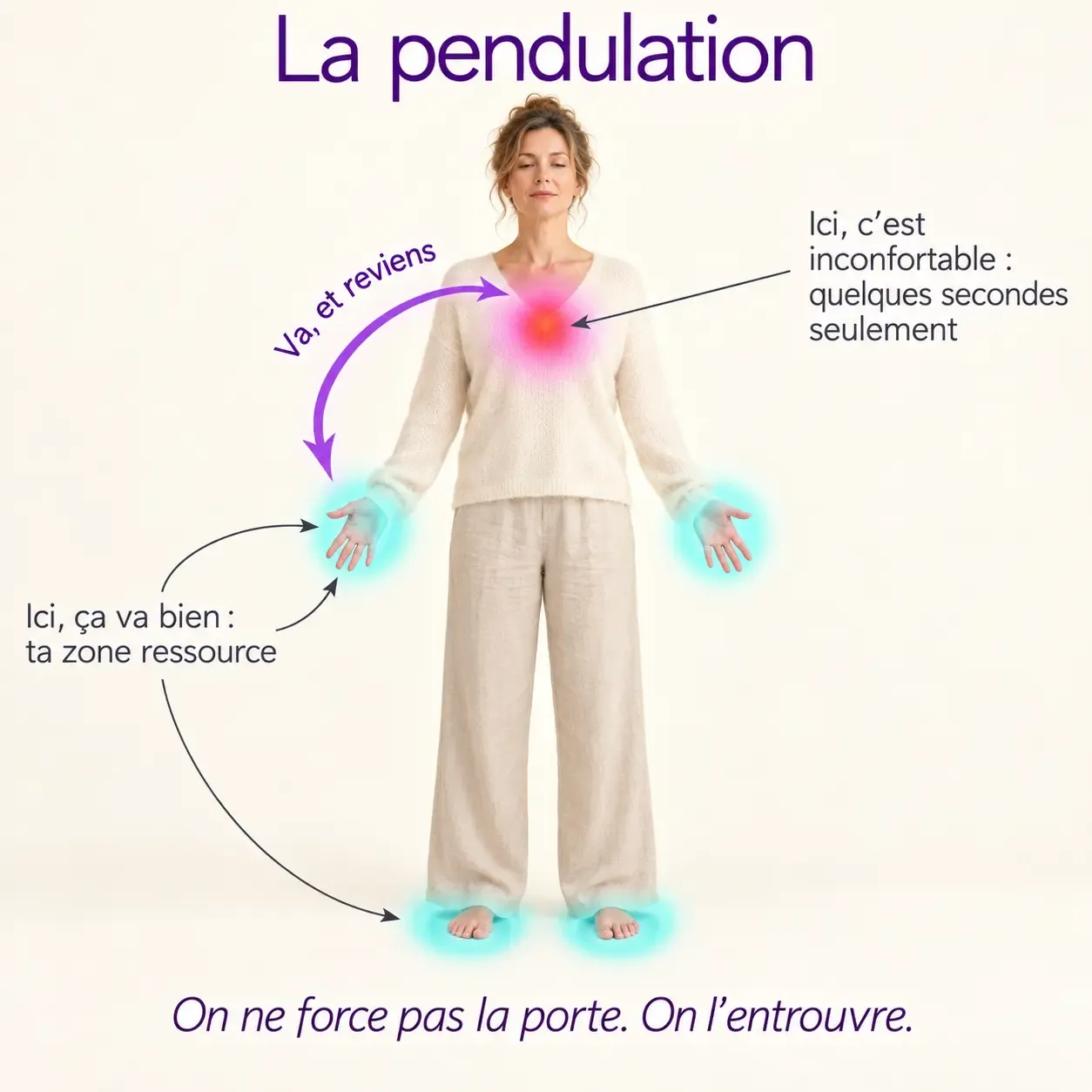 Femme vue de face, halo turquoise sur les mains et les pieds, halo fuchsia sur la poitrine : le va-et-vient de la pendulation