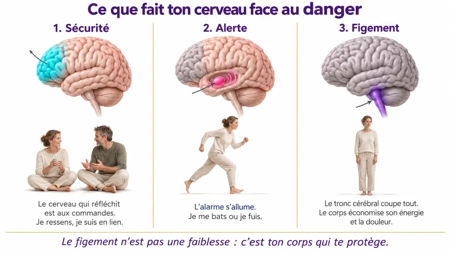 Trois cerveaux côte à côte : en sécurité avec une femme apaisée, en alerte avec une femme qui fuit, en figement avec une femme immobile